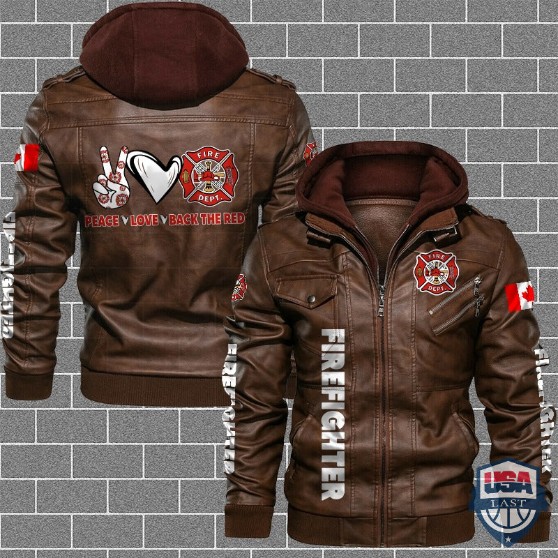 Firefighter Peace Love Back The Red Canadian Flag Leather Jacket - HVsun