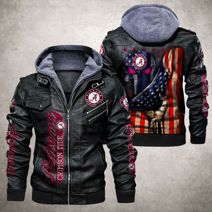 Alabama Crimson Tide American Flag Punisher Skull Leather Jacket - HVsun