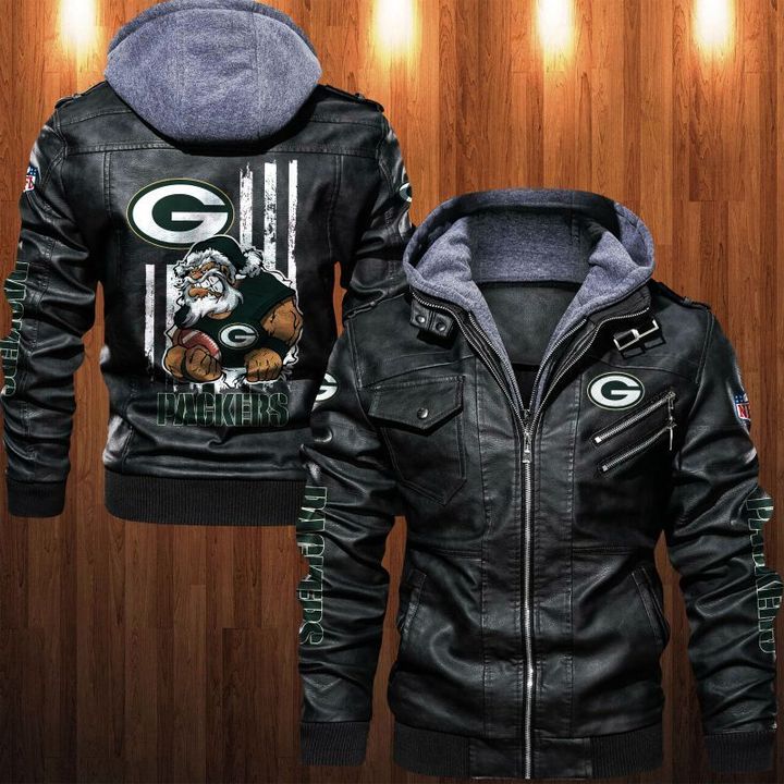 Green Bay Packer Leather Jacket Angry Santa Claus - USALast