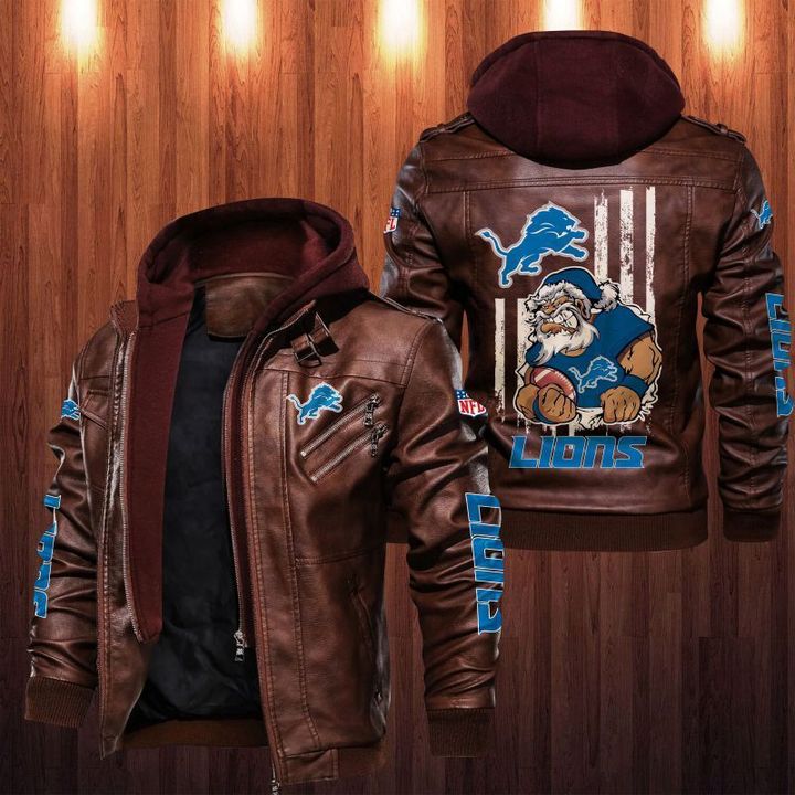 Detroit Lions Leather Jacket Angry Santa Claus - HVsun