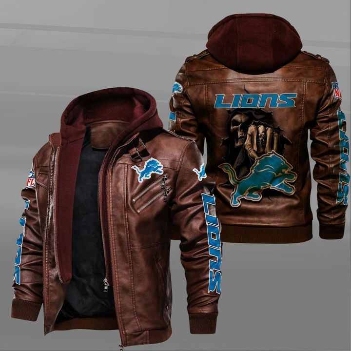 Detroit Lions Leather Jacket Dead Skull In Back - HVsun