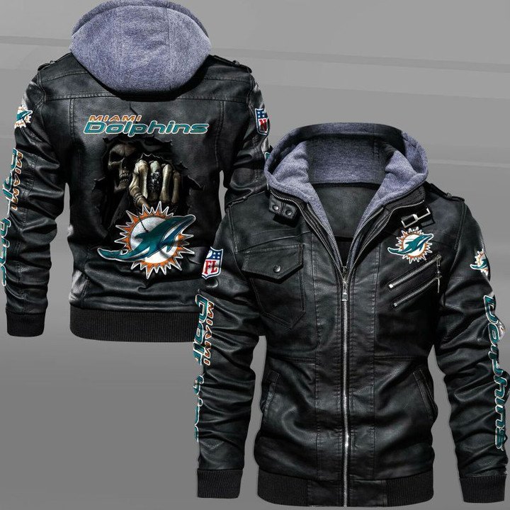Miami Dolphins Leather Jacket Dead Skull In Back - HVsun