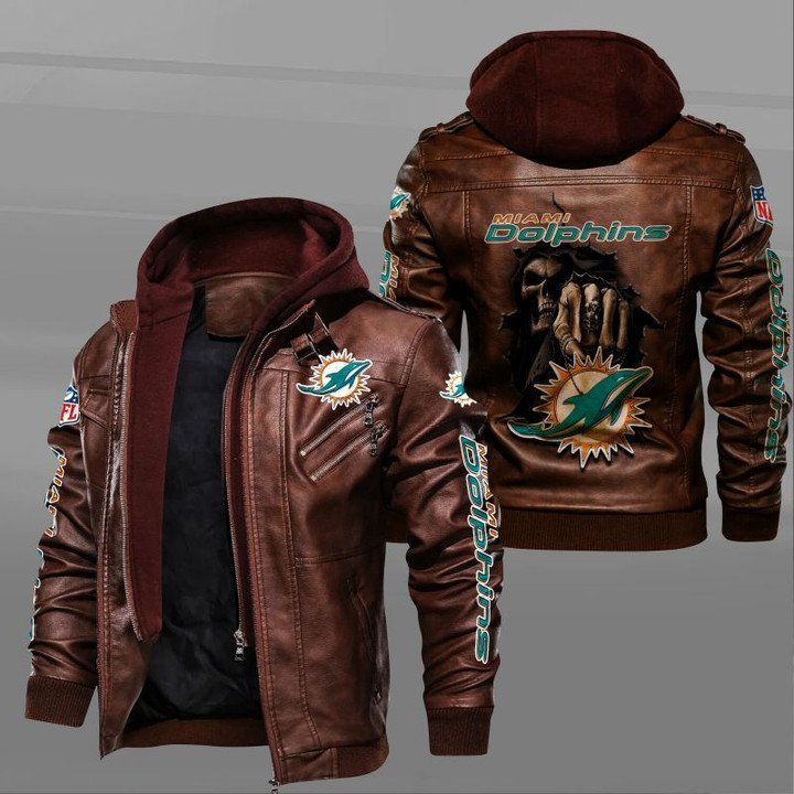 Miami Dolphins Leather Jacket Dead Skull In Back - HVsun