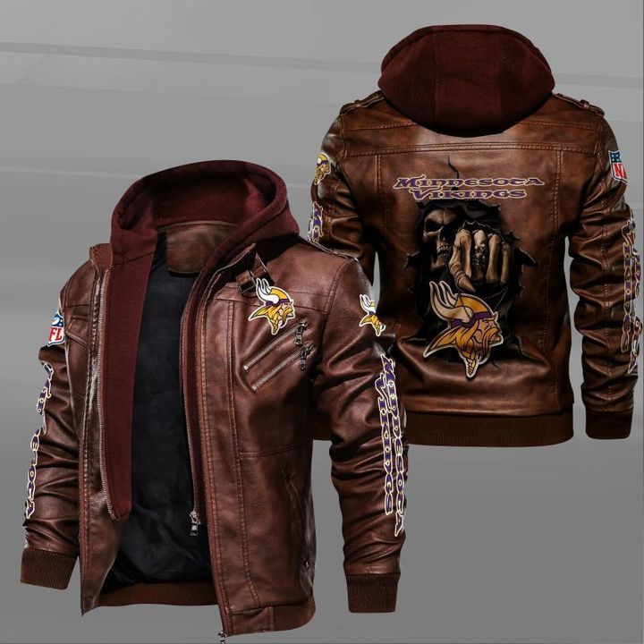 Minnesota Vikings Leather Jacket Dead Skull In Back - HVsun