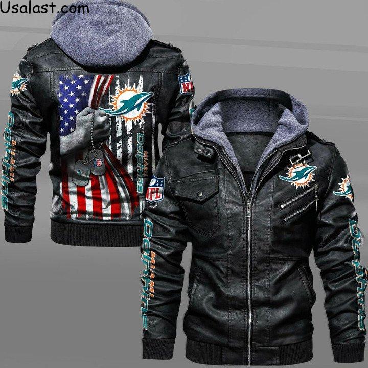 Miami Dolphins Military Dog Tag Leather Jacket - HVsun