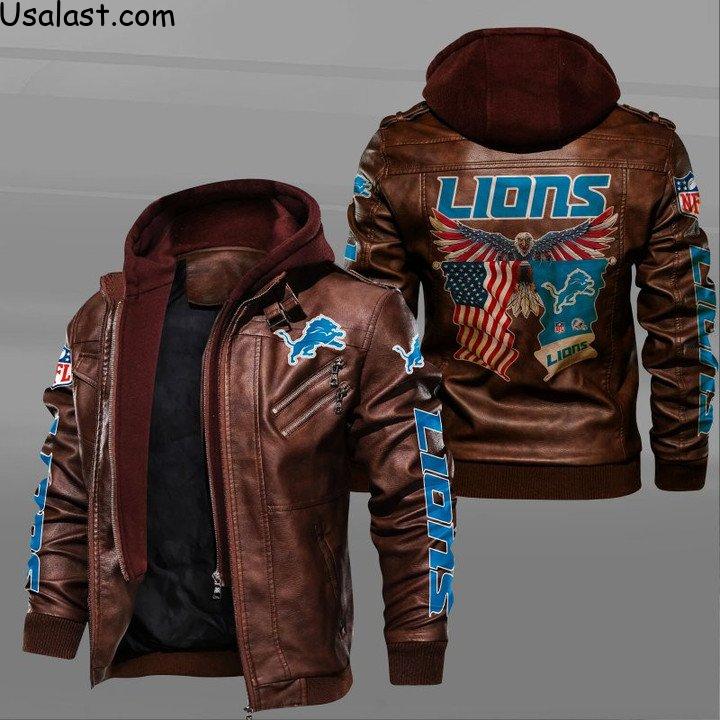 Detroit Lions Bald Eagle American Flag Leather Jacket - HVsun