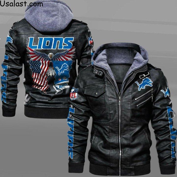 Detroit Lions Bald Eagle American Flag Leather Jacket - HVsun