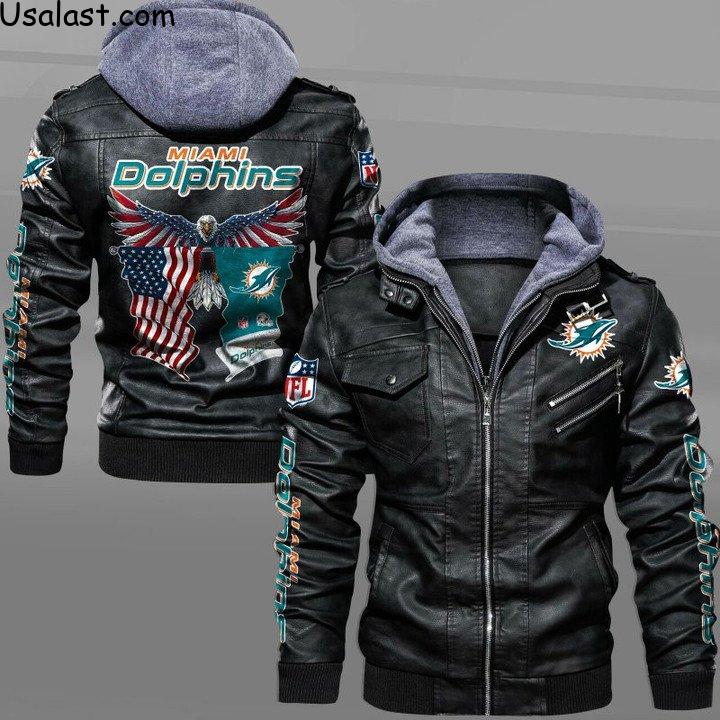 Miami Dolphins Bald Eagle American Flag Leather Jacket - HVsun