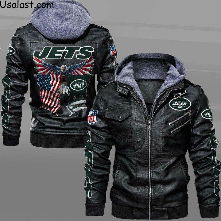 New York Jets Bald Eagle American Flag Leather Jacket - HVsun