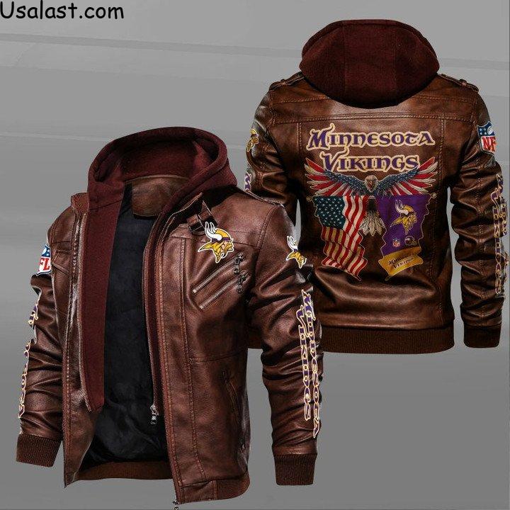 Minnesota Vikings Bald Eagle American Flag Leather Jacket - HVsun