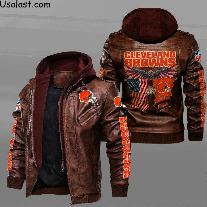 Cleveland Browns Bald Eagle American Flag Leather Jacket - HVsun