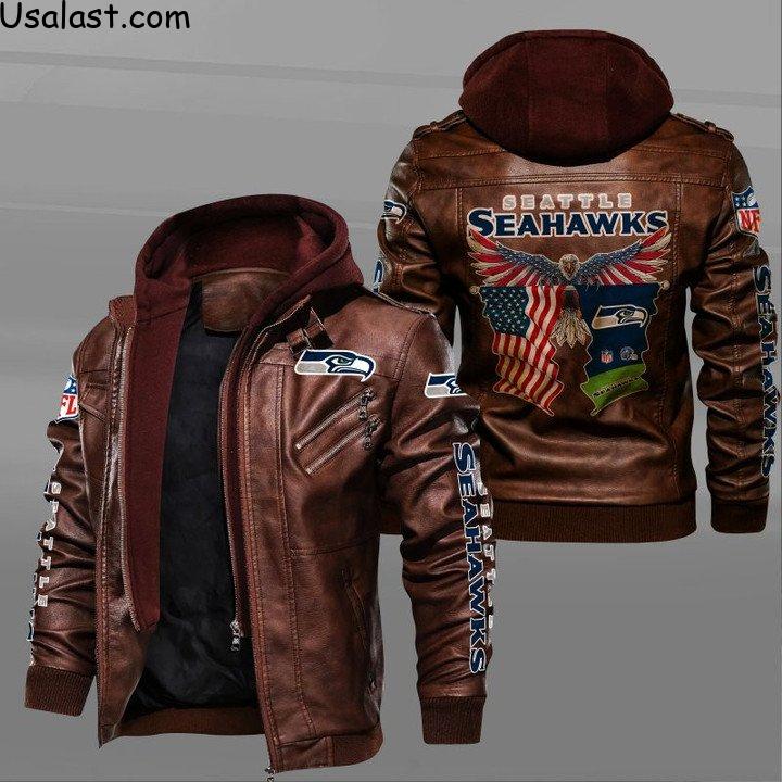 Seattle Seahawks Bald Eagle American Flag Leather Jacket - HVsun