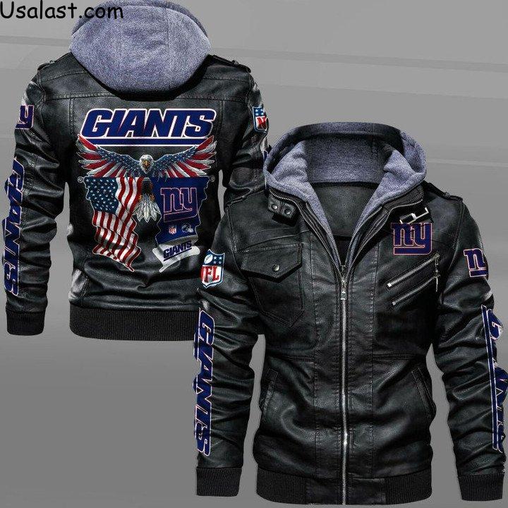 New York Giants Bald Eagle American Flag Leather Jacket - HVsun