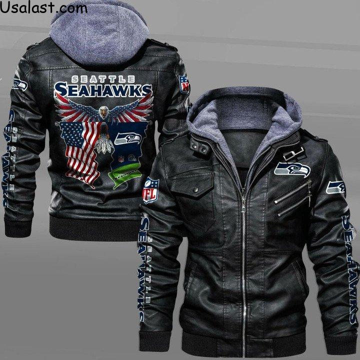 Seattle Seahawks Bald Eagle American Flag Leather Jacket - HVsun