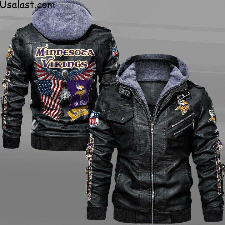 Minnesota Vikings Bald Eagle American Flag Leather Jacket - HVsun