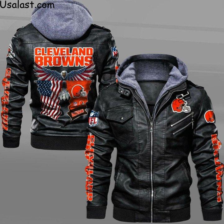 Cleveland Browns Bald Eagle American Flag Leather Jacket - HVsun