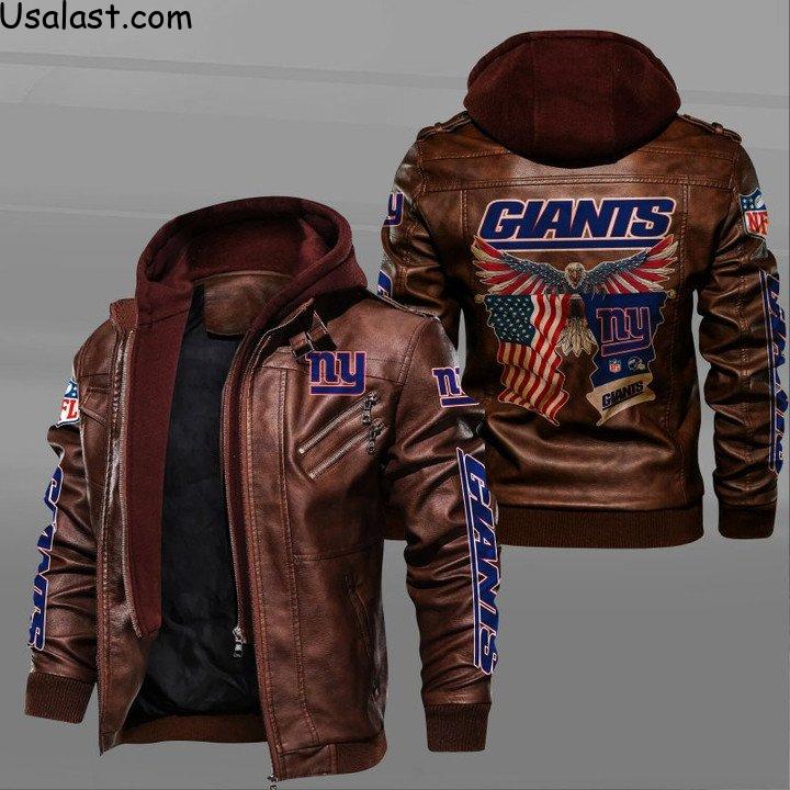 New York Giants Bald Eagle American Flag Leather Jacket - HVsun