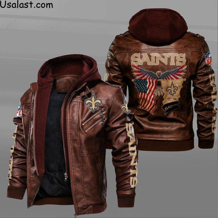 New Orleans Saints Bald Eagle American Flag Leather Jacket - HVsun