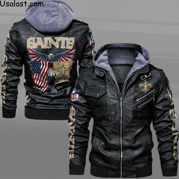 New Orleans Saints Bald Eagle American Flag Leather Jacket - HVsun