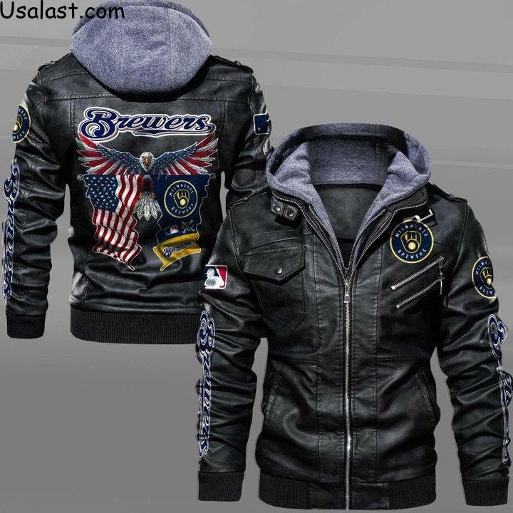 Milwaukee Brewers Eagle American Flag Leather Jacket - HVsun