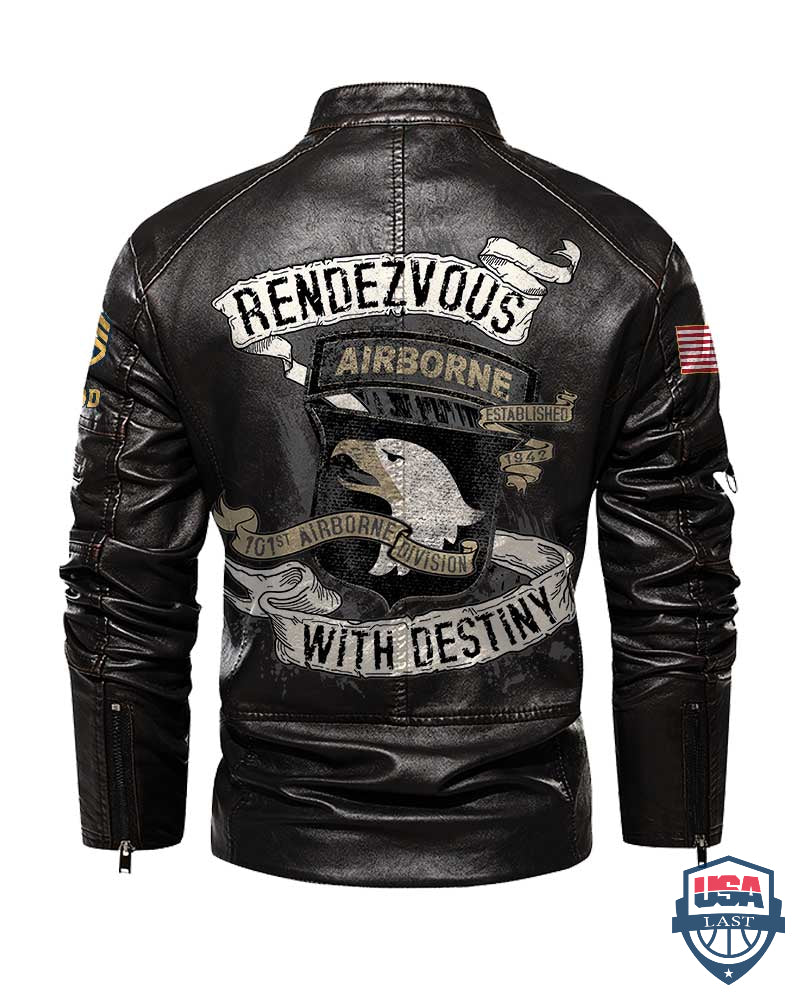 101st Airborne Division Rendezvous with Destiny Button Collar Leather Jacket - HVSun
