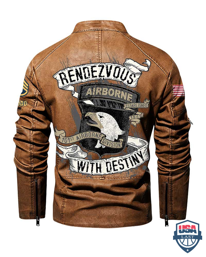 101st Airborne Division Rendezvous with Destiny Button Collar Leather Jacket - HVSun