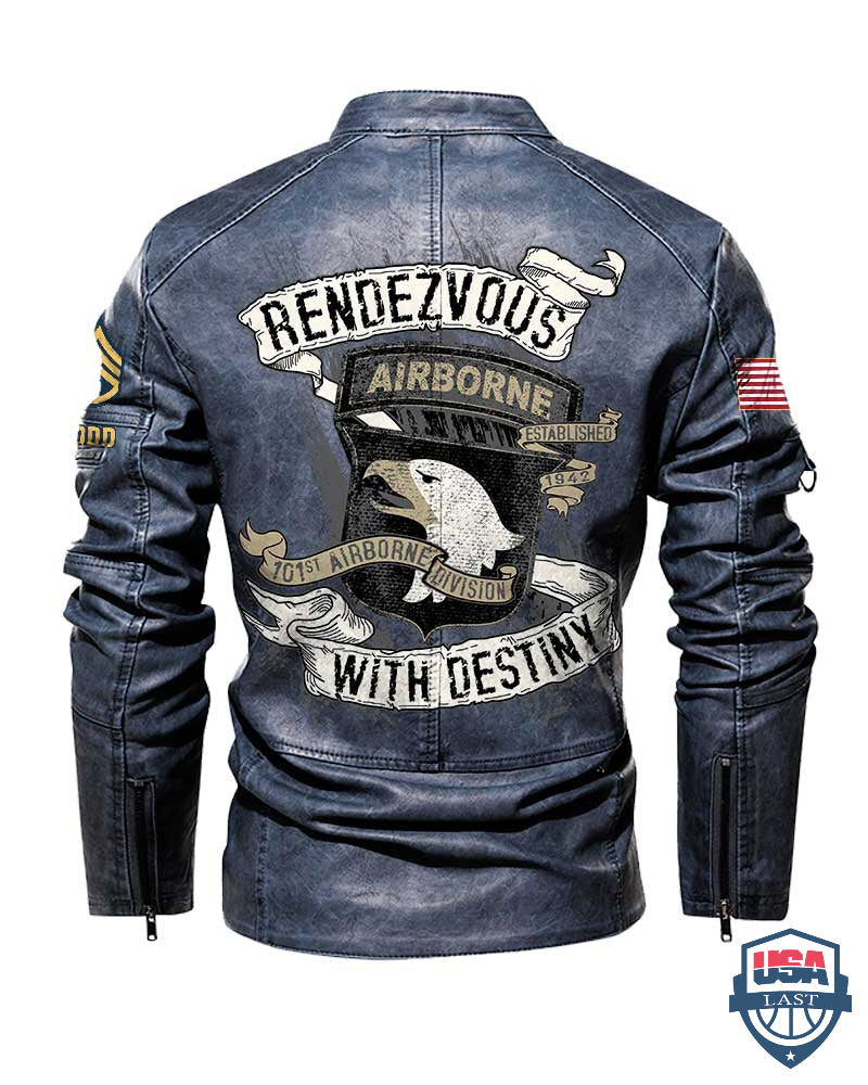 101st Airborne Division Rendezvous with Destiny Button Collar Leather Jacket - HVSun