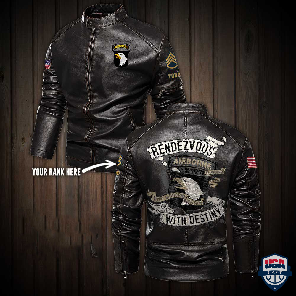 101st Airborne Division Rendezvous with Destiny Button Collar Leather Jacket - HVSun