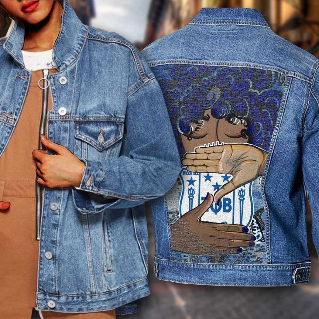 Sorority Jacket - Zeta Phi Beta Afro Girl Makes Hand Sign Denim Jacket