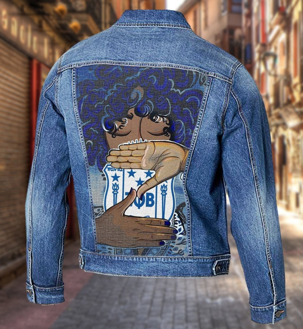 Sorority Jacket - Zeta Phi Beta Afro Girl Makes Hand Sign Denim Jacket
