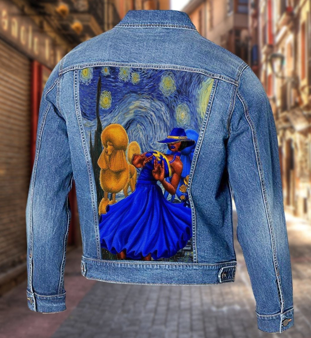 Sorority Jacket - Sigma Gamma Rho Starry Night Painting Denim Jacket