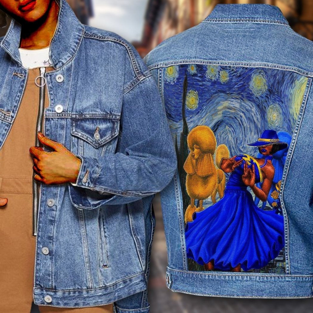 Sorority Jacket - Sigma Gamma Rho Starry Night Painting Denim Jacket