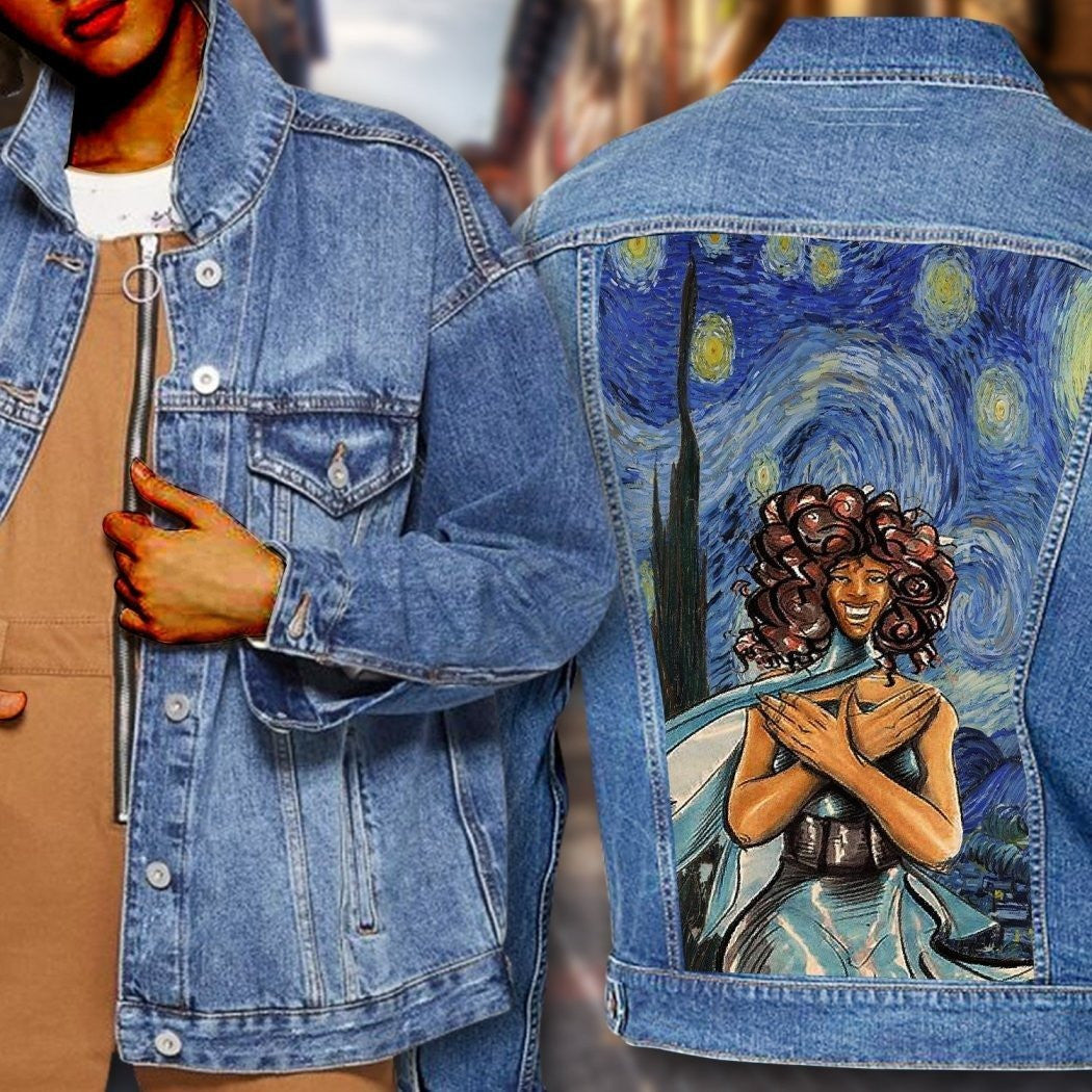 Sorority Jacket - Zeta Phi Beta Starry Night Painting Denim Jacket