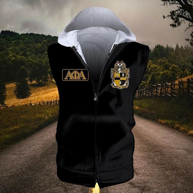 Fraternity Hoodie - Black And Gold Alpha Phi Alpha Giza Zipper Sleeveless Hoodie