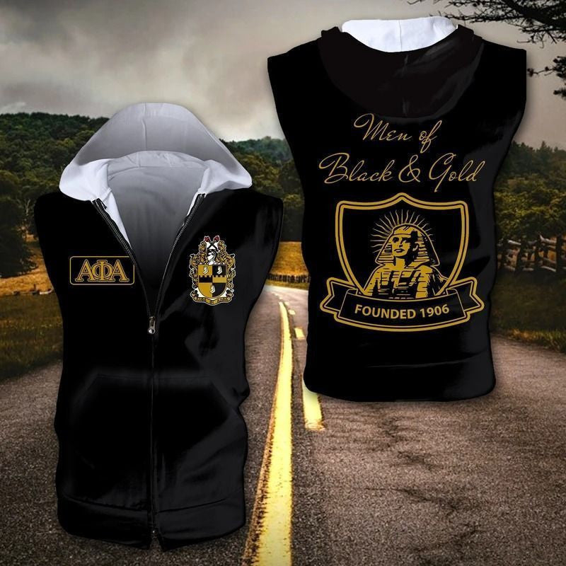 Fraternity Hoodie - Black And Gold Alpha Phi Alpha Giza Zipper Sleeveless Hoodie