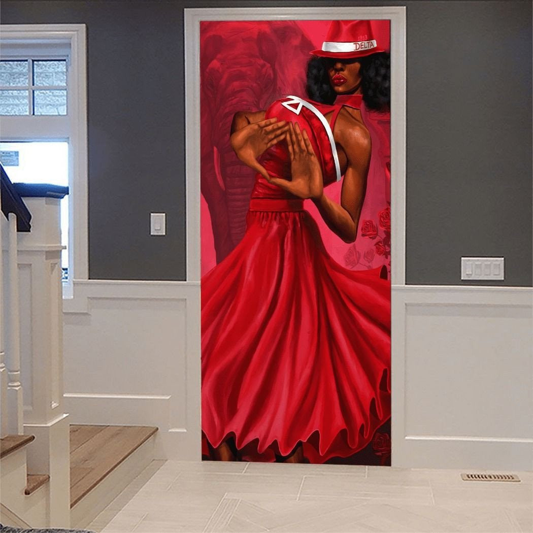 Sorority Door Cover - Delta Sigma Theta Woman Makes Hand Sign Door Cover