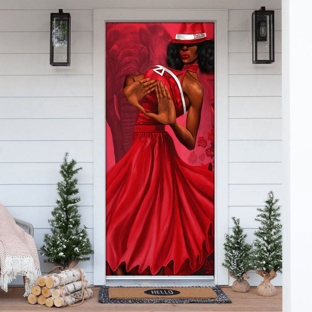 Sorority Door Cover - Delta Sigma Theta Woman Makes Hand Sign Door Cover