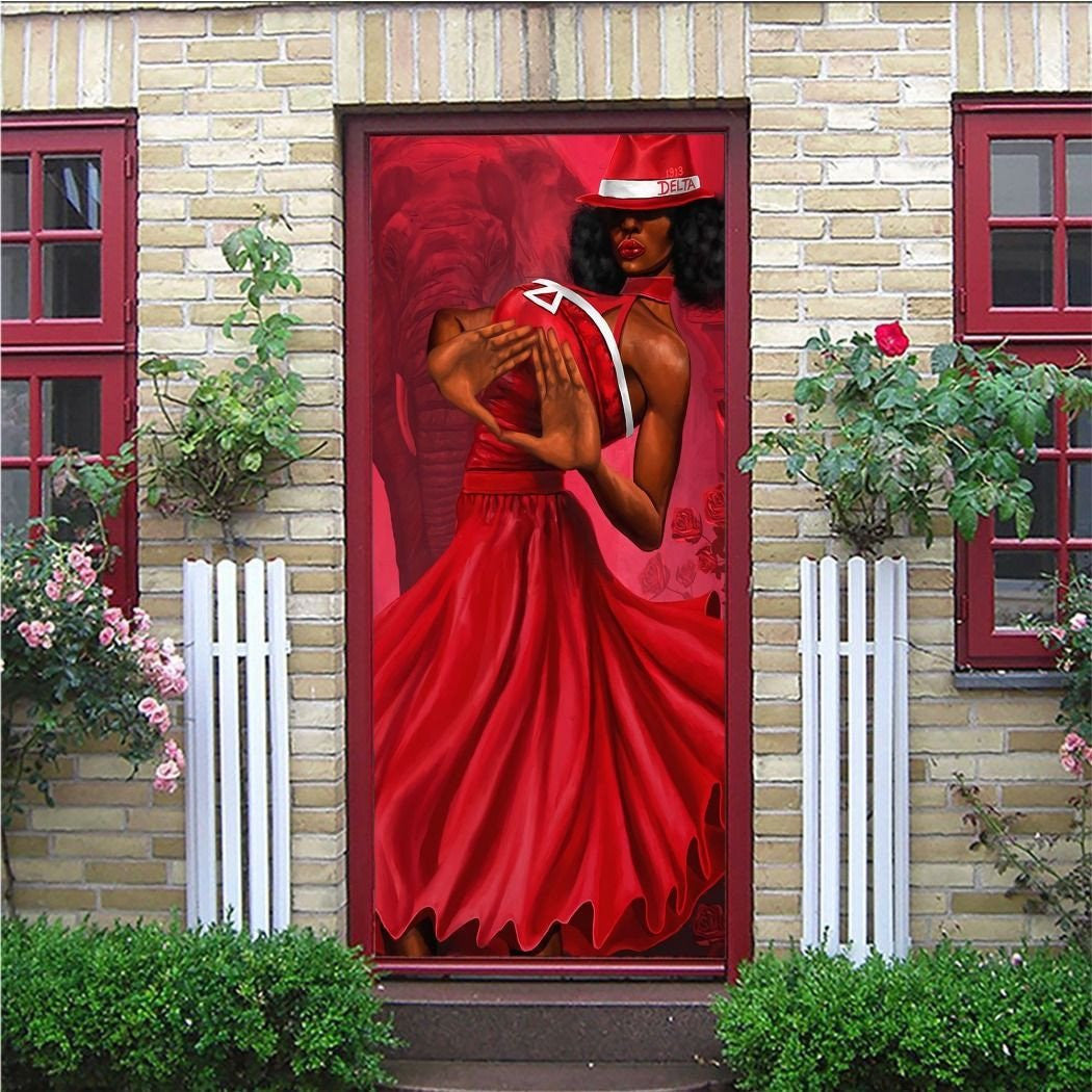 Sorority Door Cover - Delta Sigma Theta Woman Makes Hand Sign Door Cover