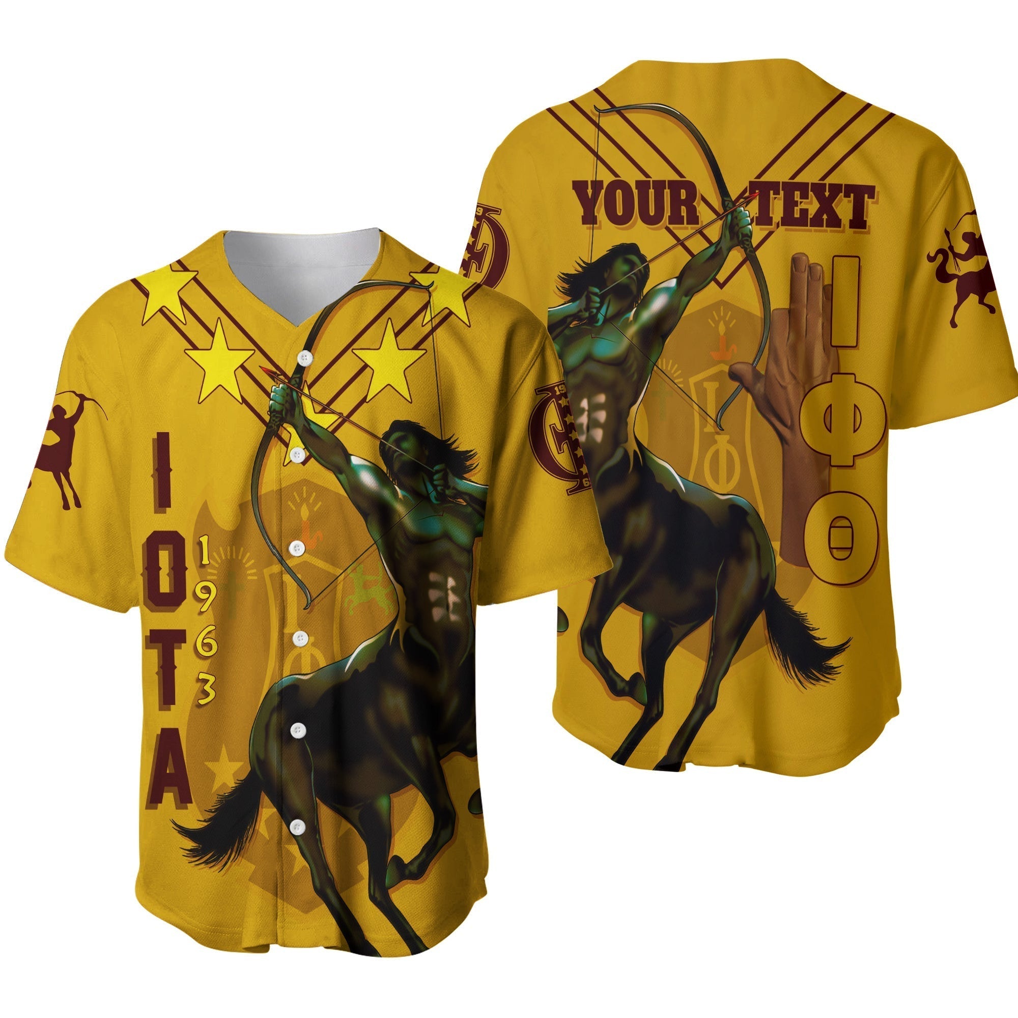 Fraternity Baseball Jersey - Personalized Iota Phi Theta Baseball Jersey Mighty Gilded Gold Centaur