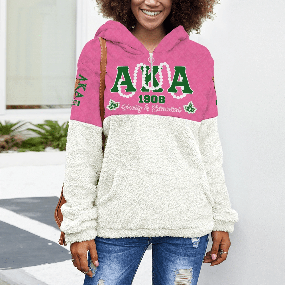 Sorority Hoodie - AKA Pearls Block Borg Zip Hoodie With Half