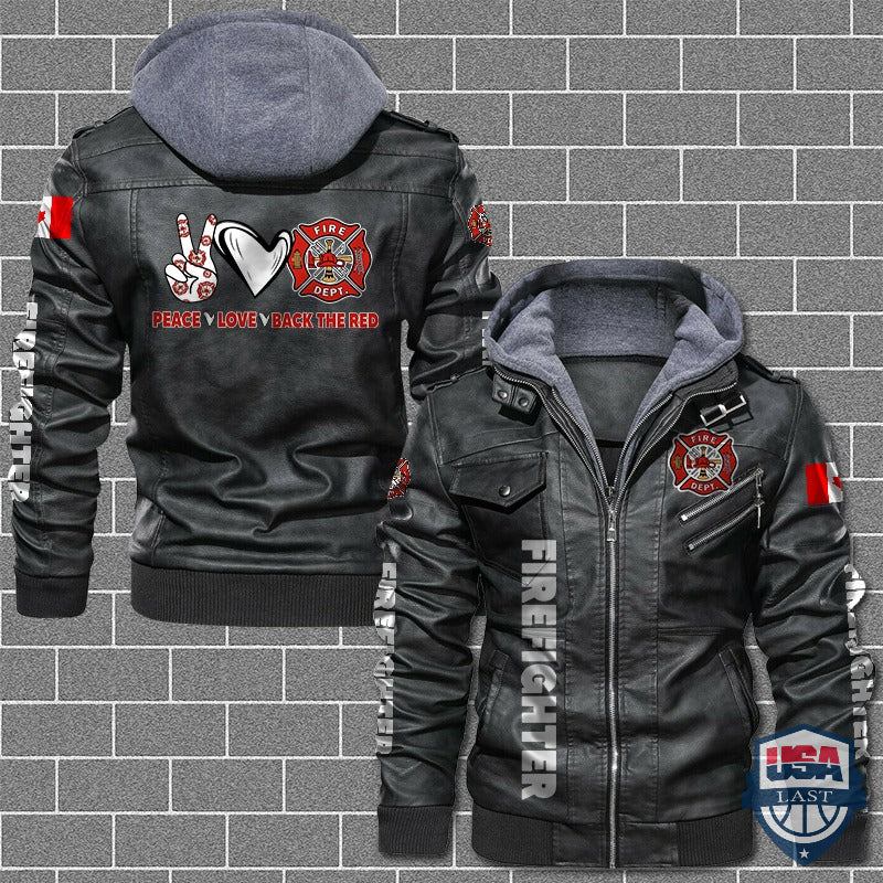 Firefighter Peace Love Back The Red Canadian Flag Leather Jacket - USALast