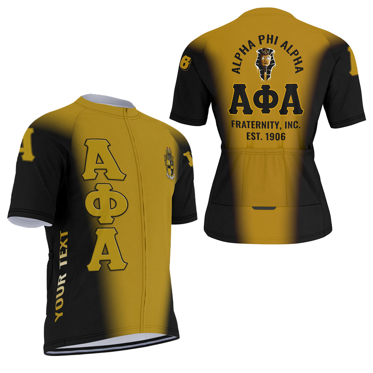 Alpha Phi Alpha Cycling Jersey Custom Black Gold Spear Gradient Style