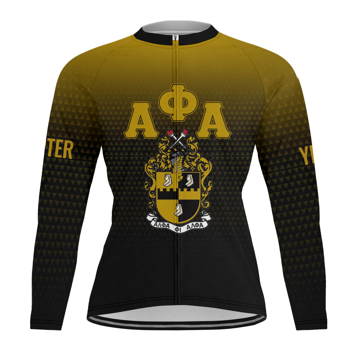 Alpha Phi Alpha Cycling Jersey Custom Black Gold Gradient Triangle Style