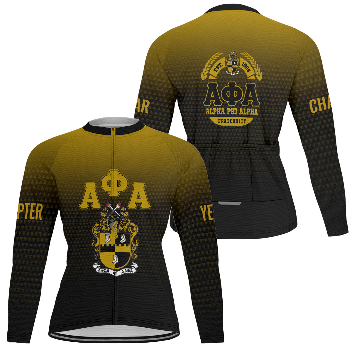Alpha Phi Alpha Cycling Jersey Custom Black Gold Gradient Triangle Style