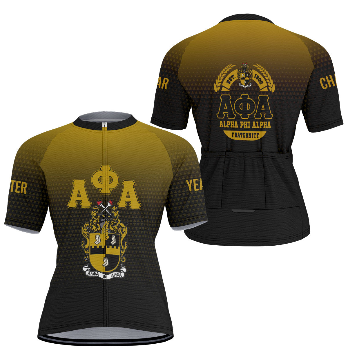 Alpha Phi Alpha Cycling Jersey Custom Black Gold Gradient Triangle Style