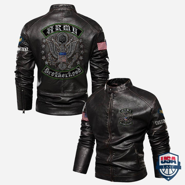 Army Brotherhood Custom Stand Collar Leather Jacket - HVSun