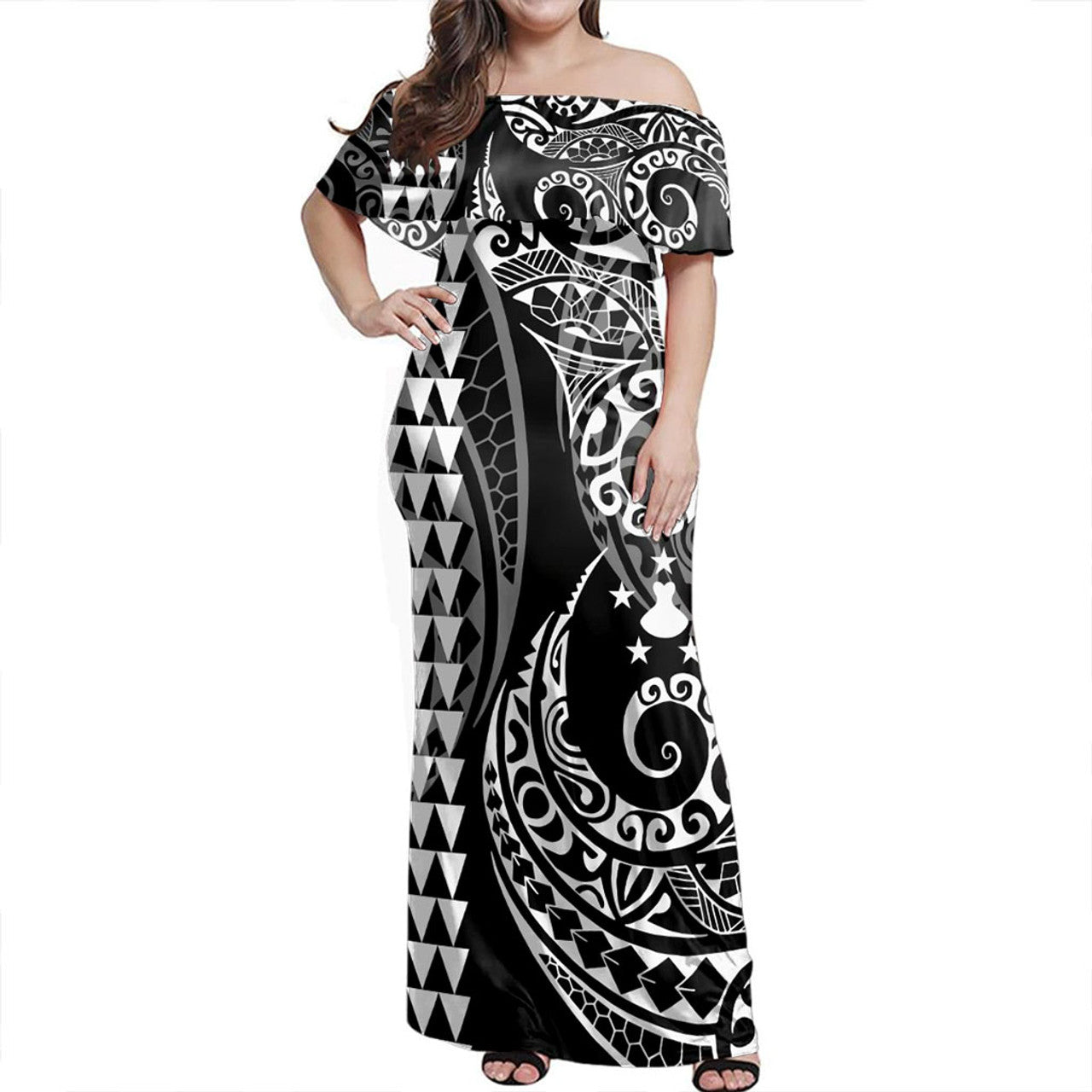 Austral Islands Off Shoulder Long Dress Kakau Style White