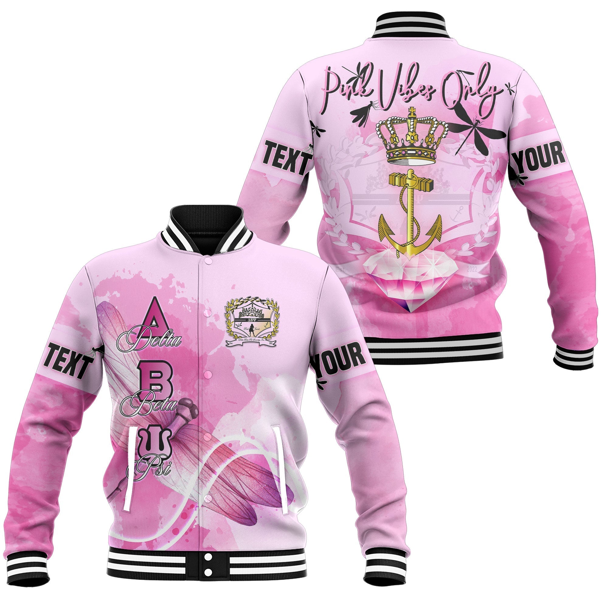 Sorority Jacket - Personalized Delta Beta Psi Baseball Jacket Pink Dragonfly Style