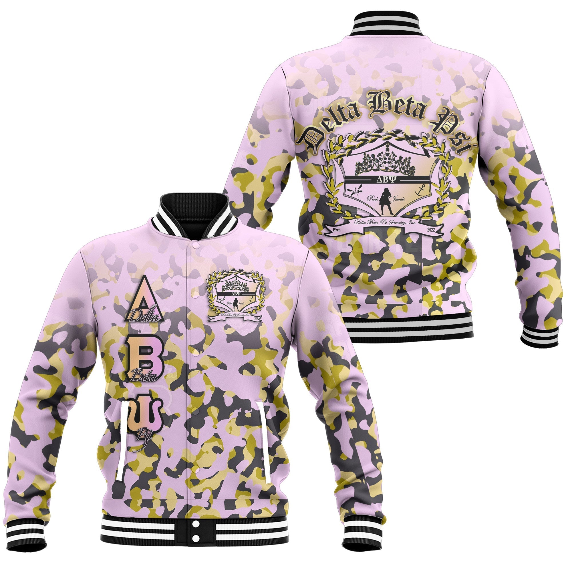 Sorority Jacket - Delta Beta Psi Baseball Jacket Camouflage Style