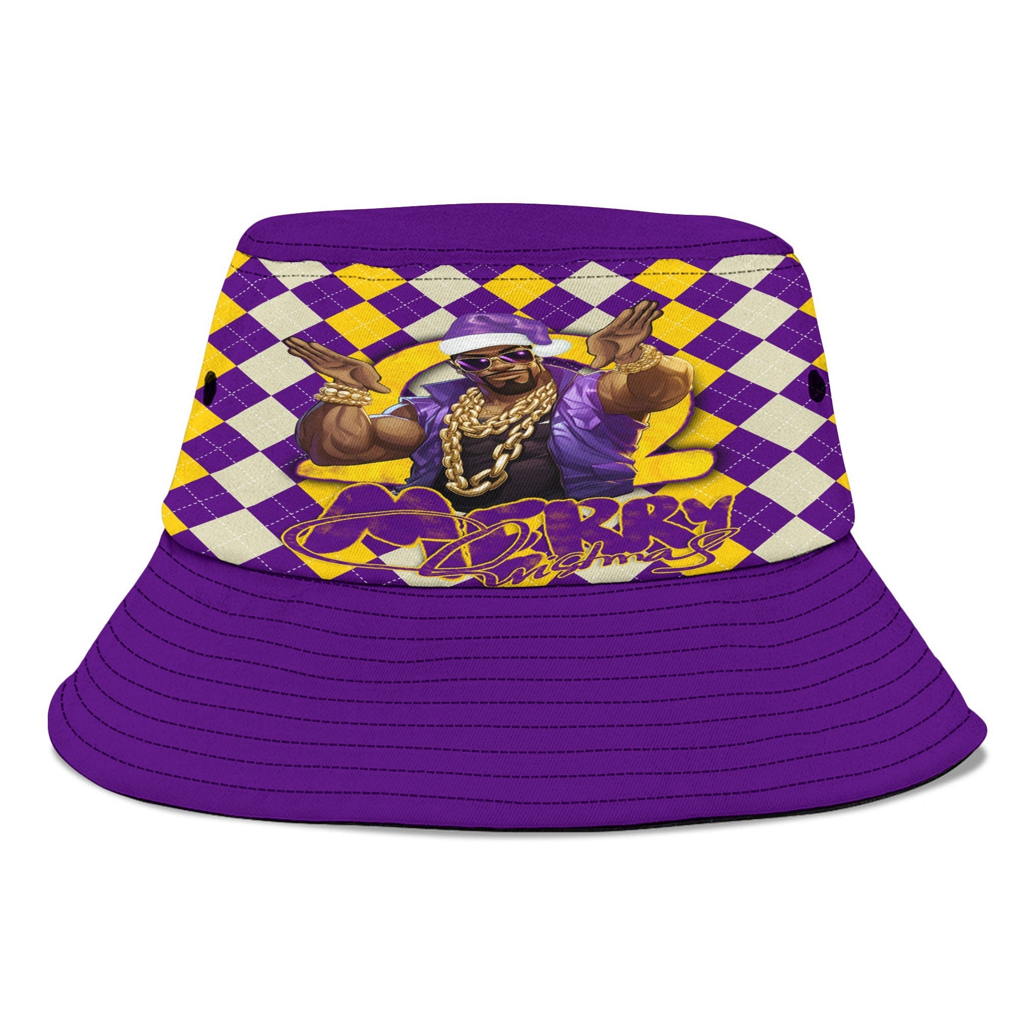Fraternity Hat - OPP Christmas Bucket Hat Bulldog Purple Gold Caro Pattern Style